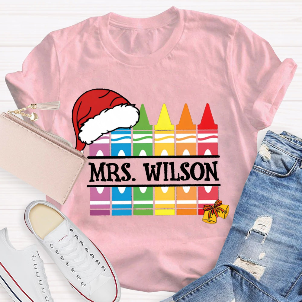 Personalized Name Santa Hat And Colorful Crayons Christmas T-shirt