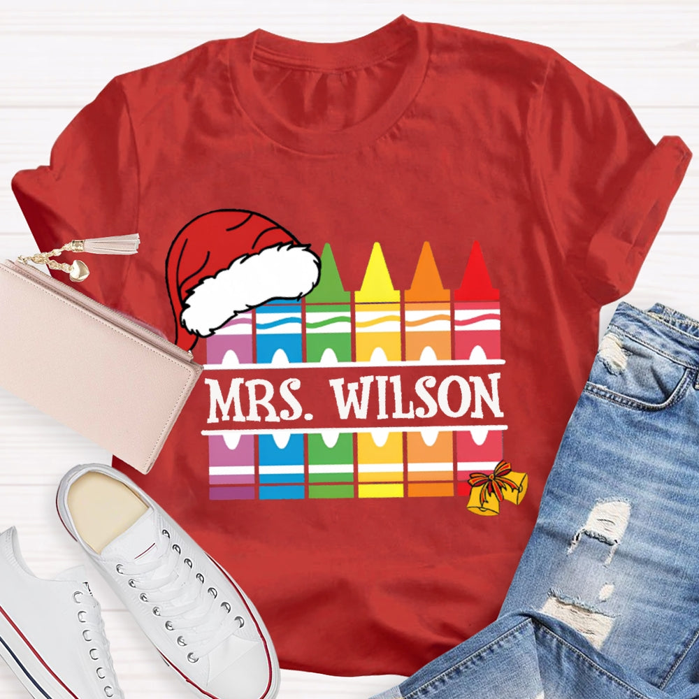 Personalized Name Santa Hat And Colorful Crayons Christmas T-shirt