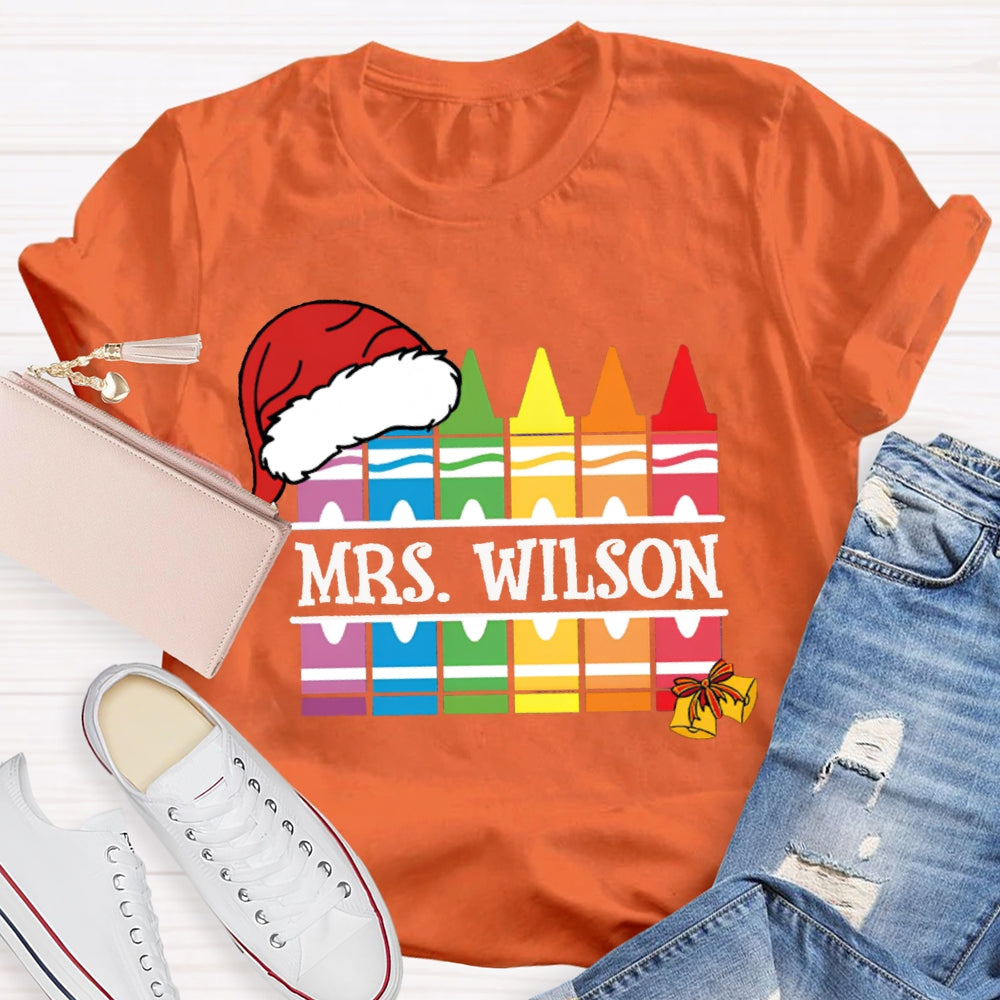 Personalized Name Santa Hat And Colorful Crayons Christmas T-shirt