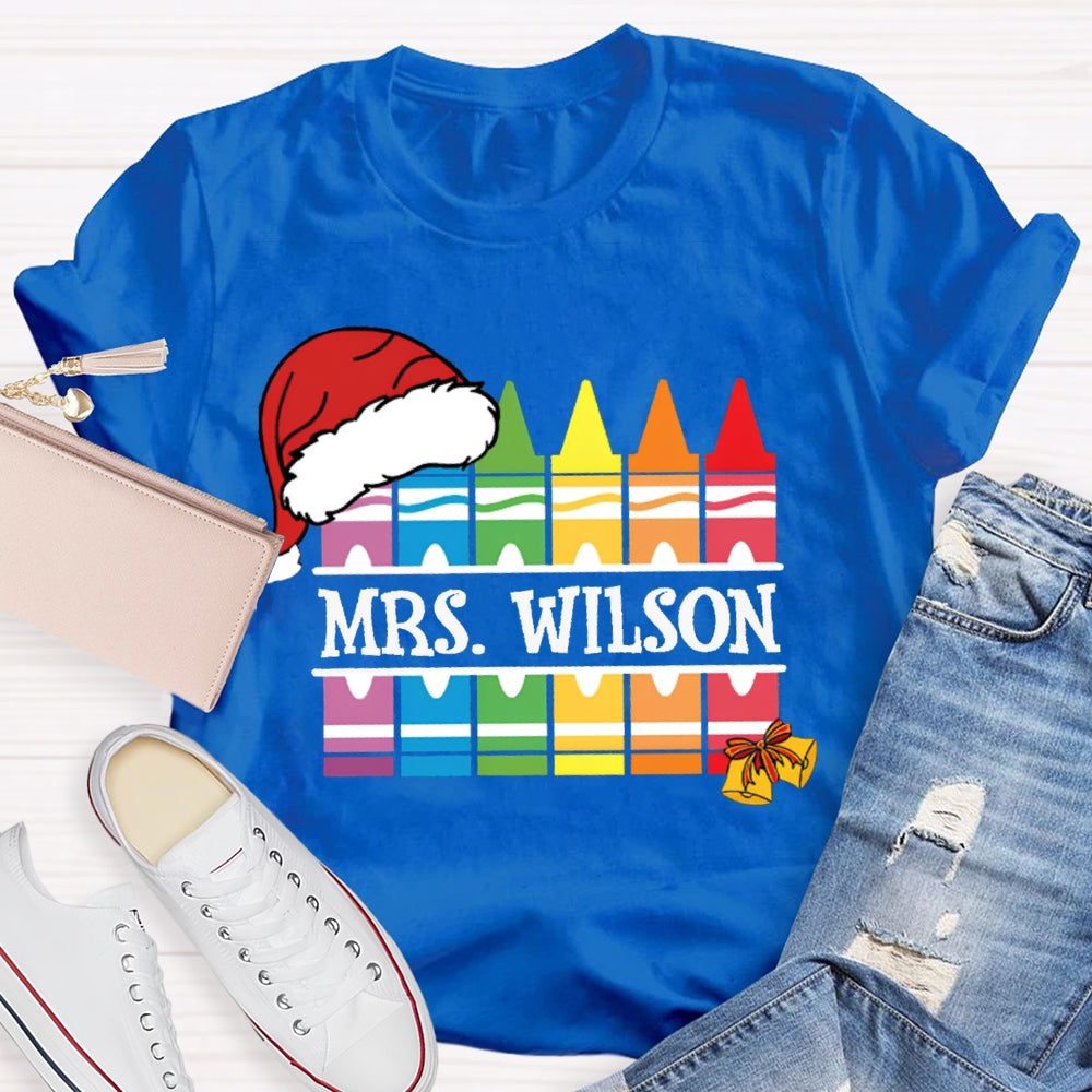 Personalized Name Santa Hat And Colorful Crayons Christmas T-shirt