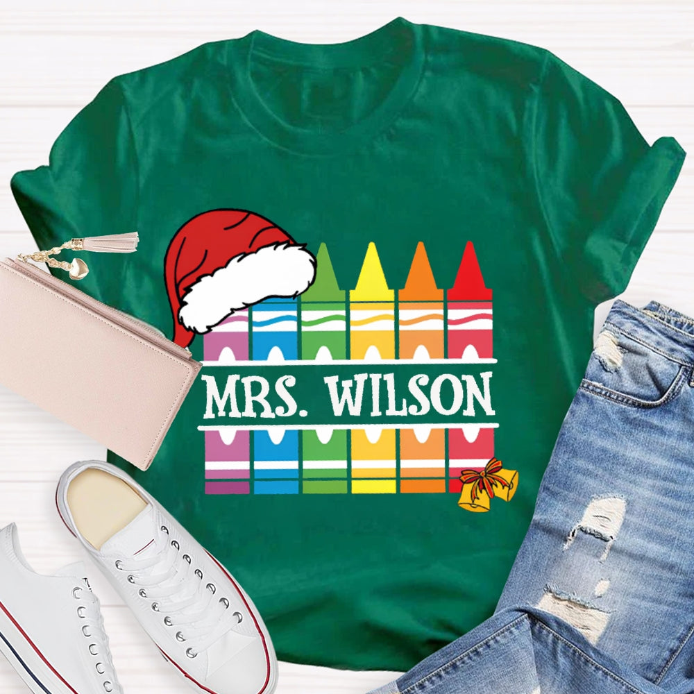 Personalized Name Santa Hat And Colorful Crayons Christmas T-shirt