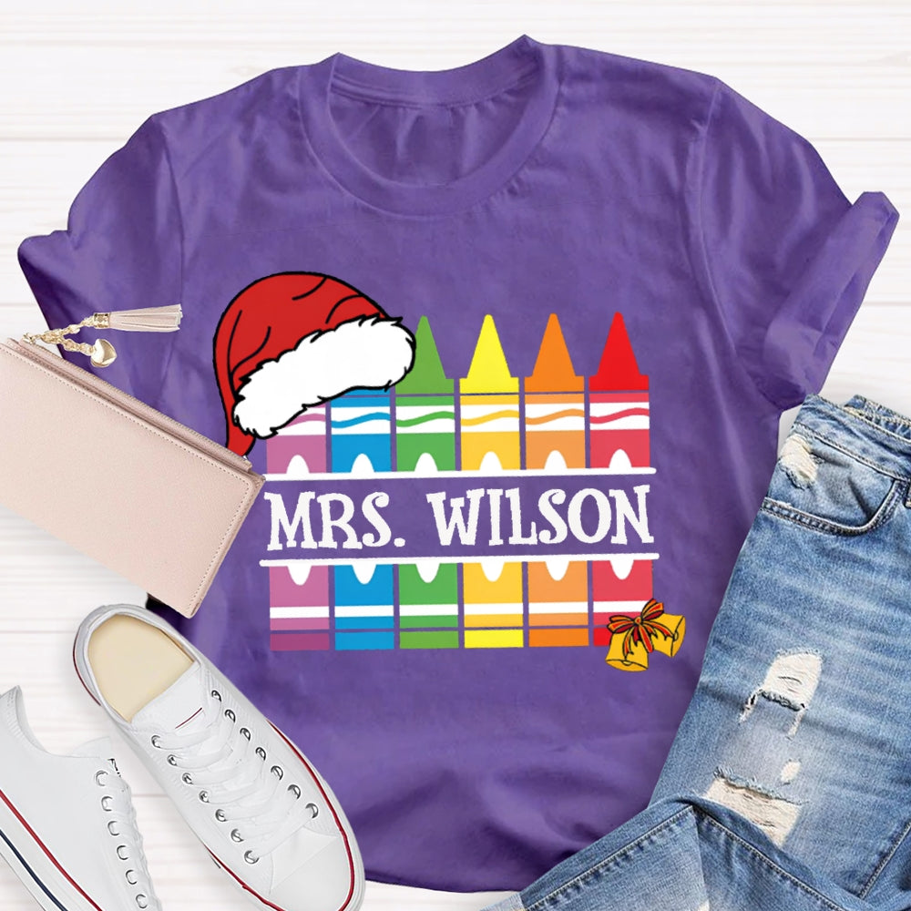 Personalized Name Santa Hat And Colorful Crayons Christmas T-shirt