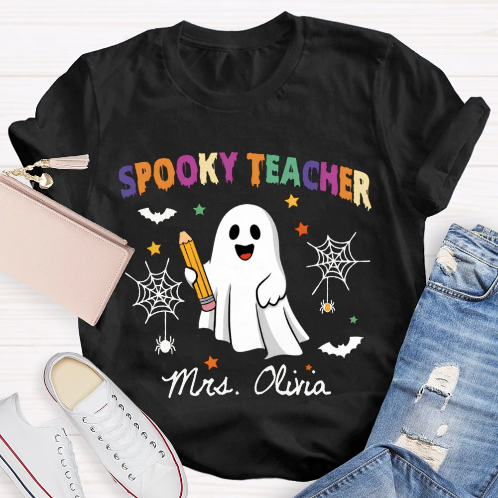 Personalized Name Spooky Teacher Ghost Holding A Pencil T-shirt