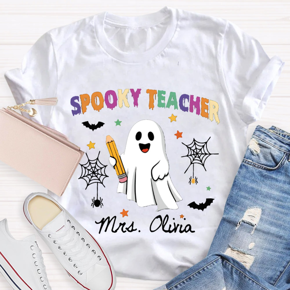 Personalized Name Spooky Teacher Ghost Holding A Pencil T-shirt