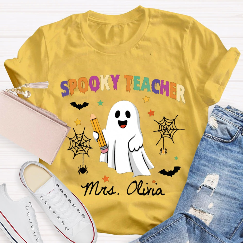Personalized Name Spooky Teacher Ghost Holding A Pencil T-shirt