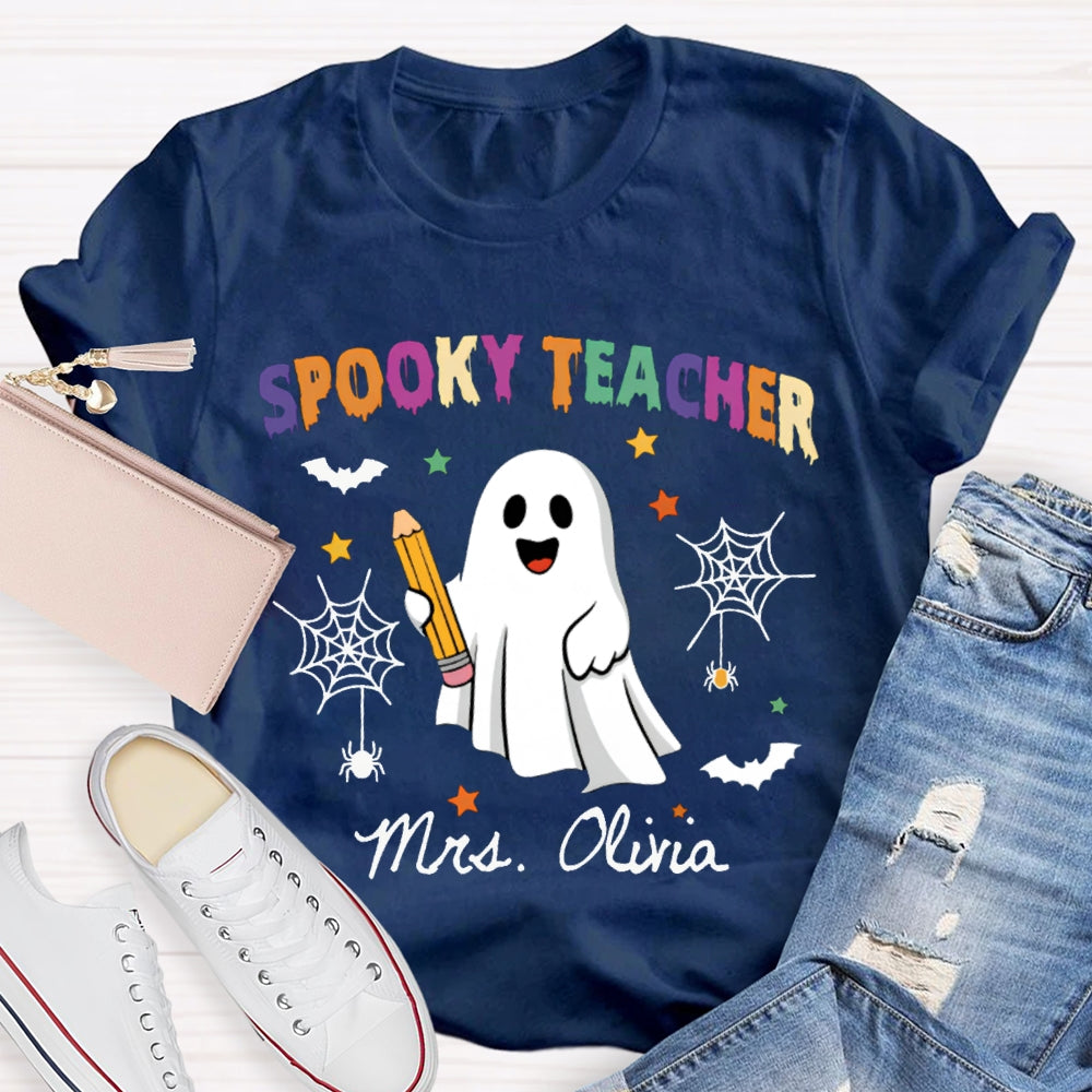 Personalized Name Spooky Teacher Ghost Holding A Pencil T-shirt