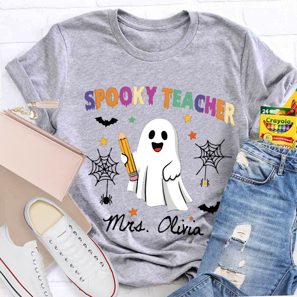 Personalized Name Spooky Teacher Ghost Holding A Pencil T-shirt