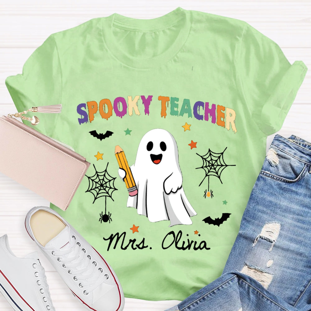 Personalized Name Spooky Teacher Ghost Holding A Pencil T-shirt