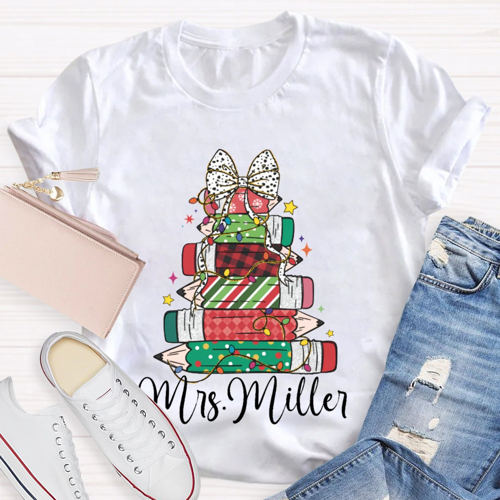 Personalized Name Colorful Crayons And Bows For Christmas T-shirt