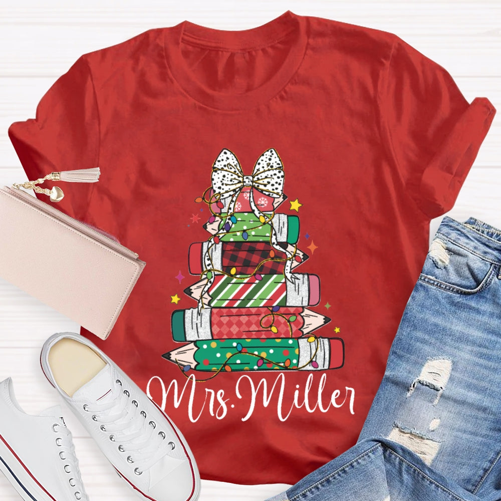 Personalized Name Colorful Crayons And Bows For Christmas T-shirt