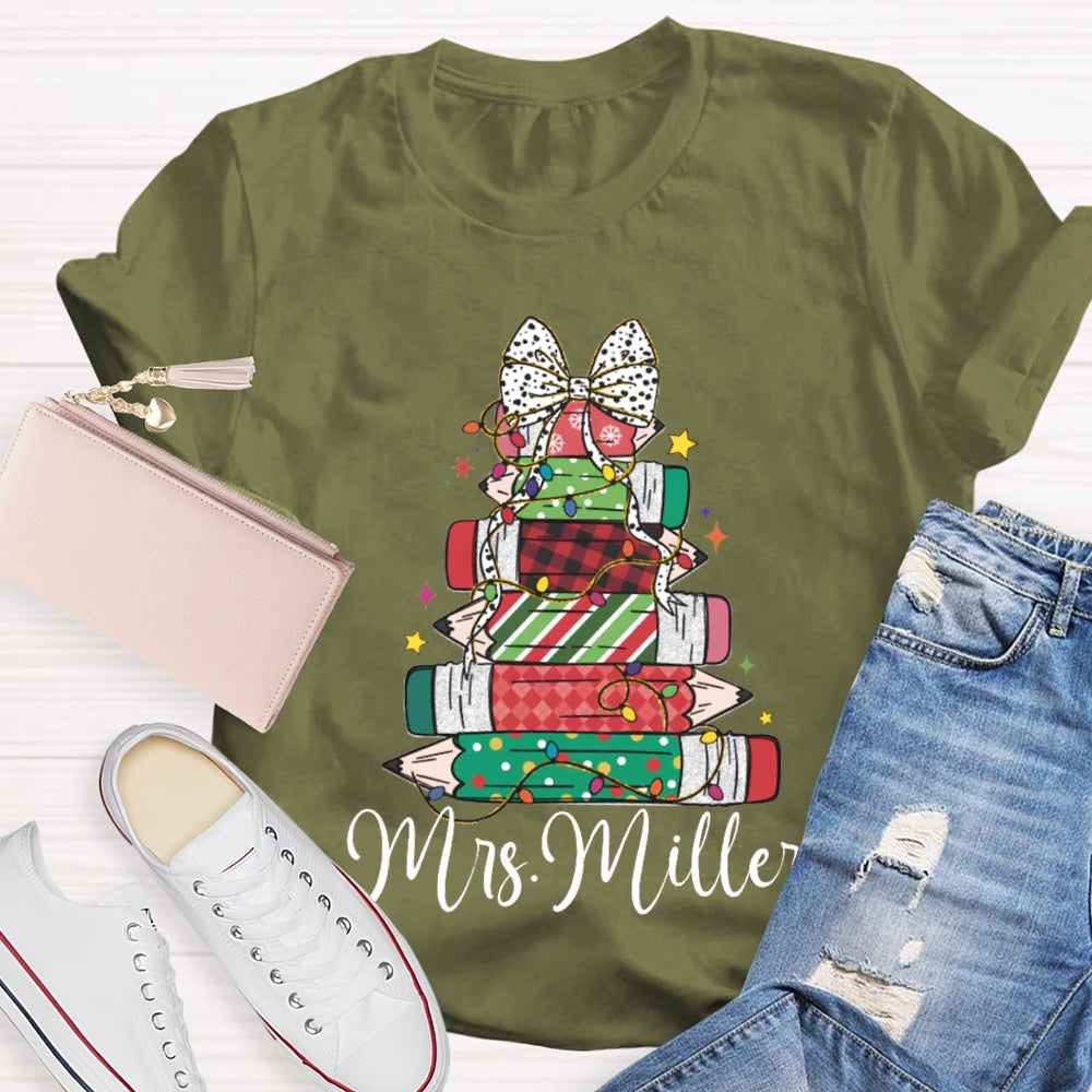 Personalized Name Colorful Crayons And Bows For Christmas T-shirt