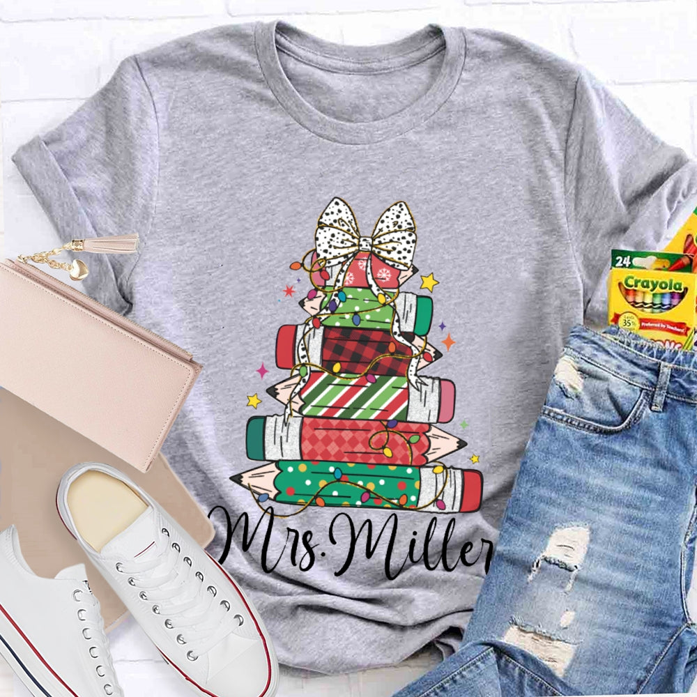 Personalized Name Colorful Crayons And Bows For Christmas T-shirt