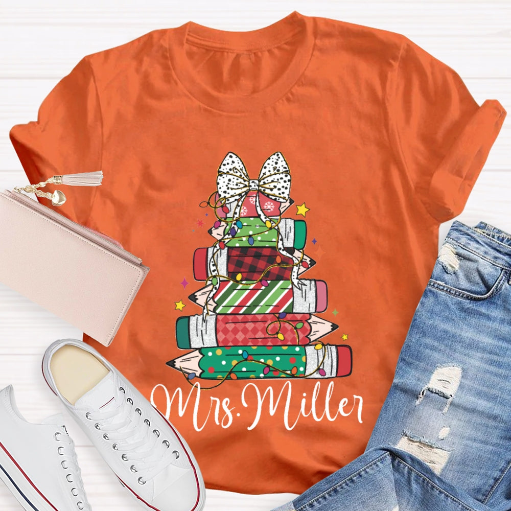 Personalized Name Colorful Crayons And Bows For Christmas T-shirt