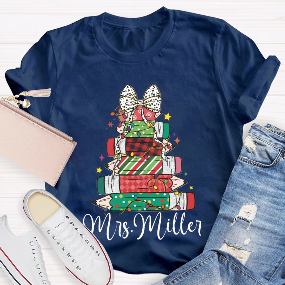 Personalized Name Colorful Crayons And Bows For Christmas T-shirt
