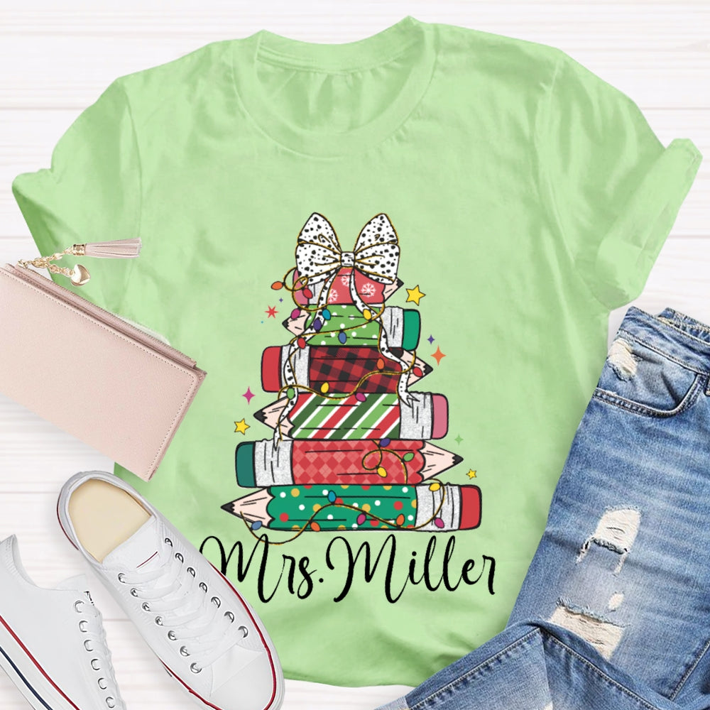 Personalized Name Colorful Crayons And Bows For Christmas T-shirt