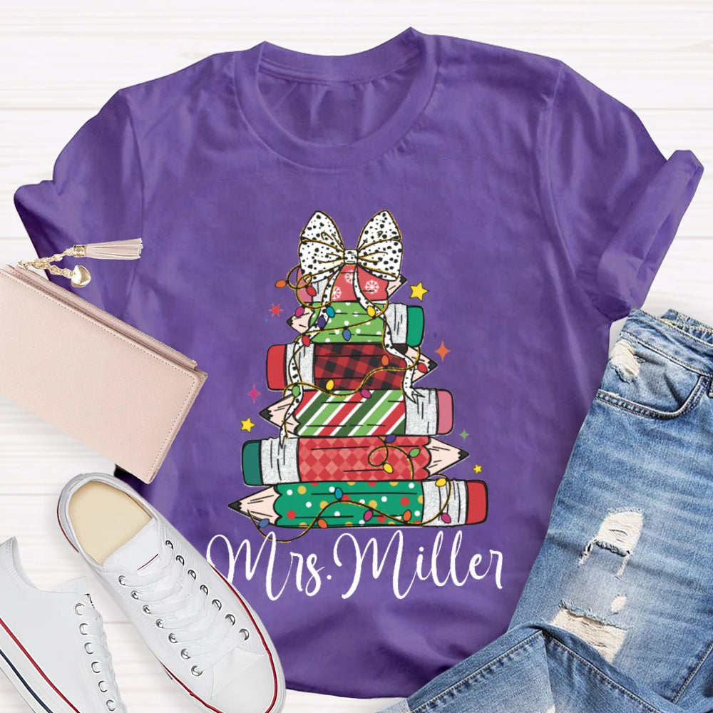 Personalized Name Colorful Crayons And Bows For Christmas T-shirt