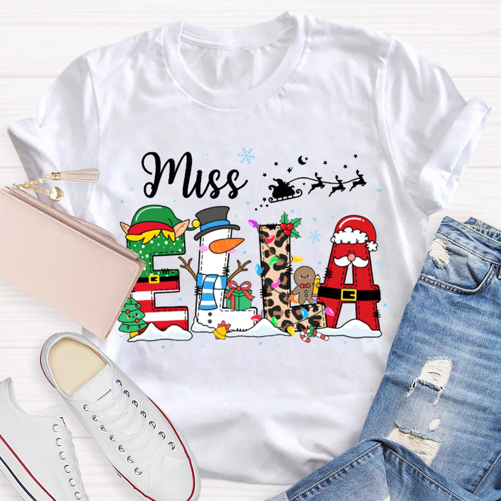 Personalized Name Christmas Tree And Leopard Print Font Christmas T-shirt