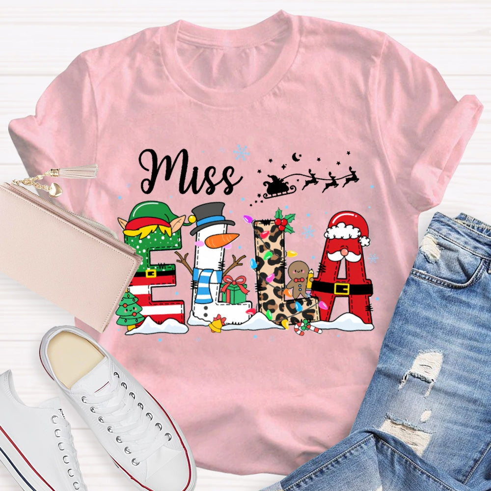 Personalized Name Christmas Tree And Leopard Print Font Christmas T-shirt