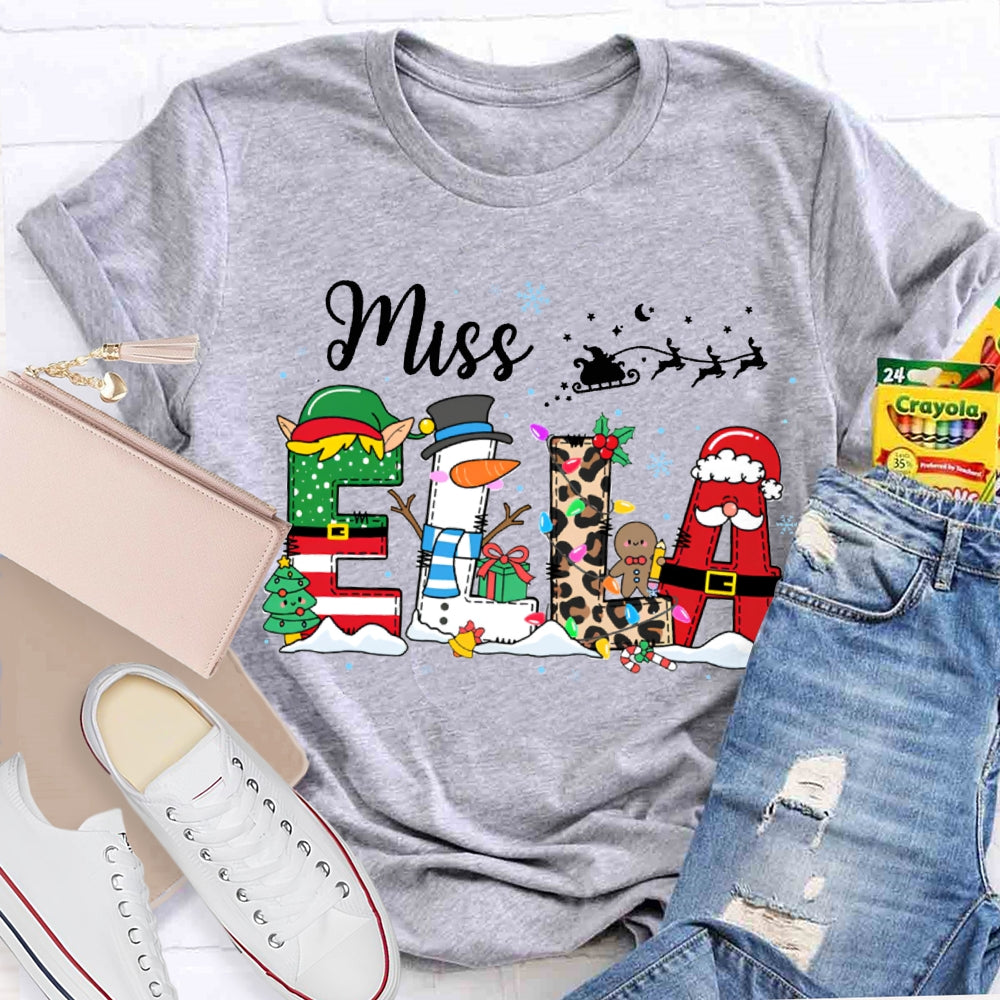 Personalized Name Christmas Tree And Leopard Print Font Christmas T-shirt