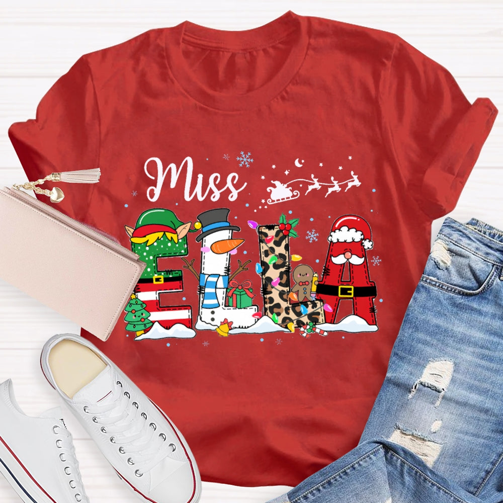 Personalized Name Christmas Tree And Leopard Print Font Christmas T-shirt