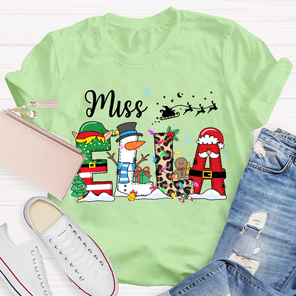 Personalized Name Christmas Tree And Leopard Print Font Christmas T-shirt