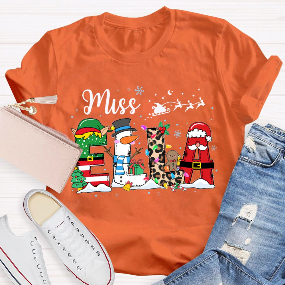 Personalized Name Christmas Tree And Leopard Print Font Christmas T-shirt