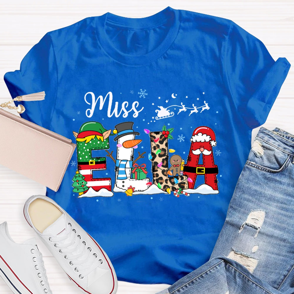 Personalized Name Christmas Tree And Leopard Print Font Christmas T-shirt