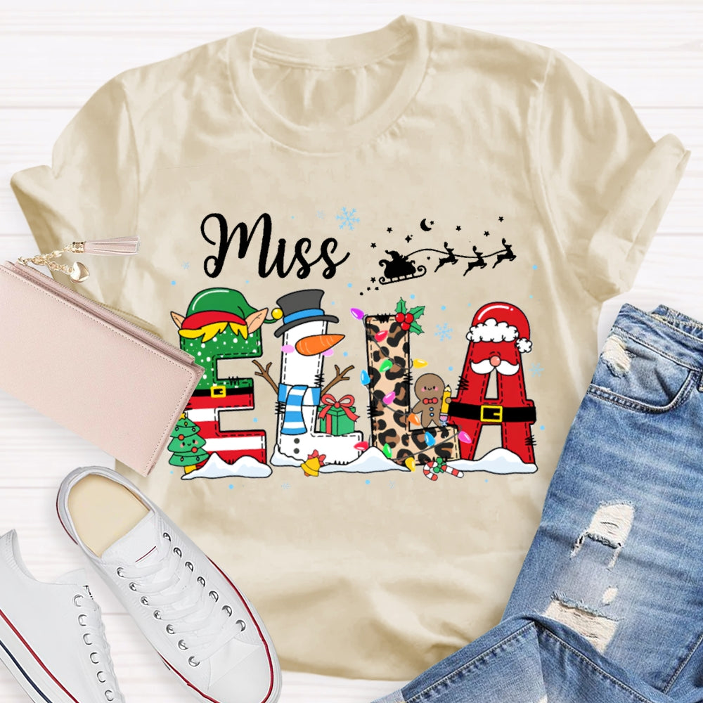 Personalized Name Christmas Tree And Leopard Print Font Christmas T-shirt