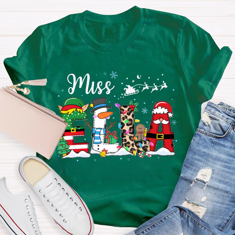 Personalized Name Christmas Tree And Leopard Print Font Christmas T-shirt