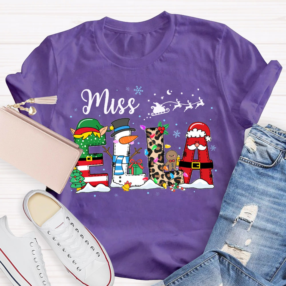 Personalized Name Christmas Tree And Leopard Print Font Christmas T-shirt