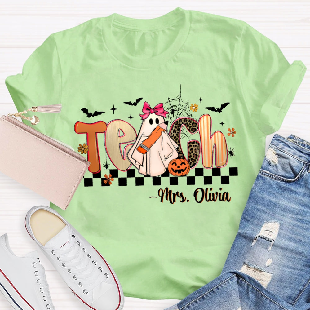 Personalized Name Teach Leopard Print Font And Little Ghost Halloween T-shirt