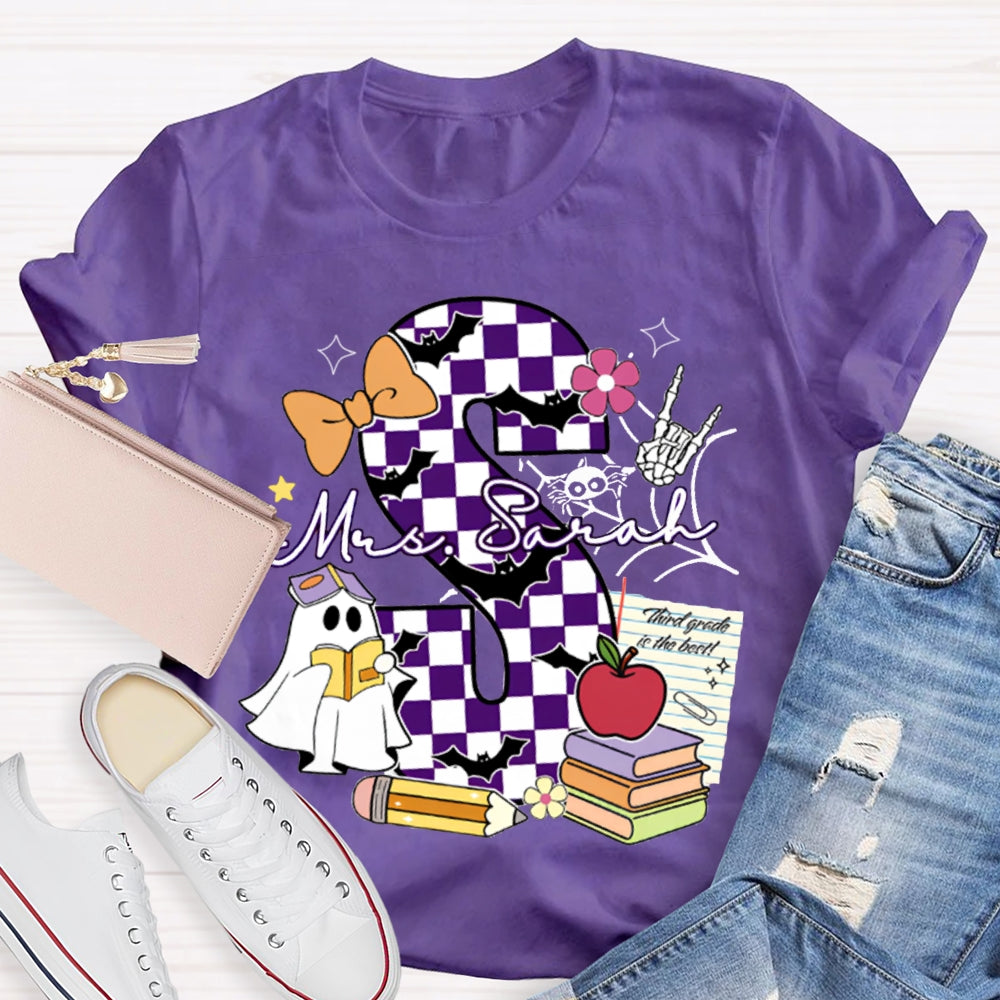 Personalized Name Checkered Font And Cute Little Ghost Halloween T-shirt