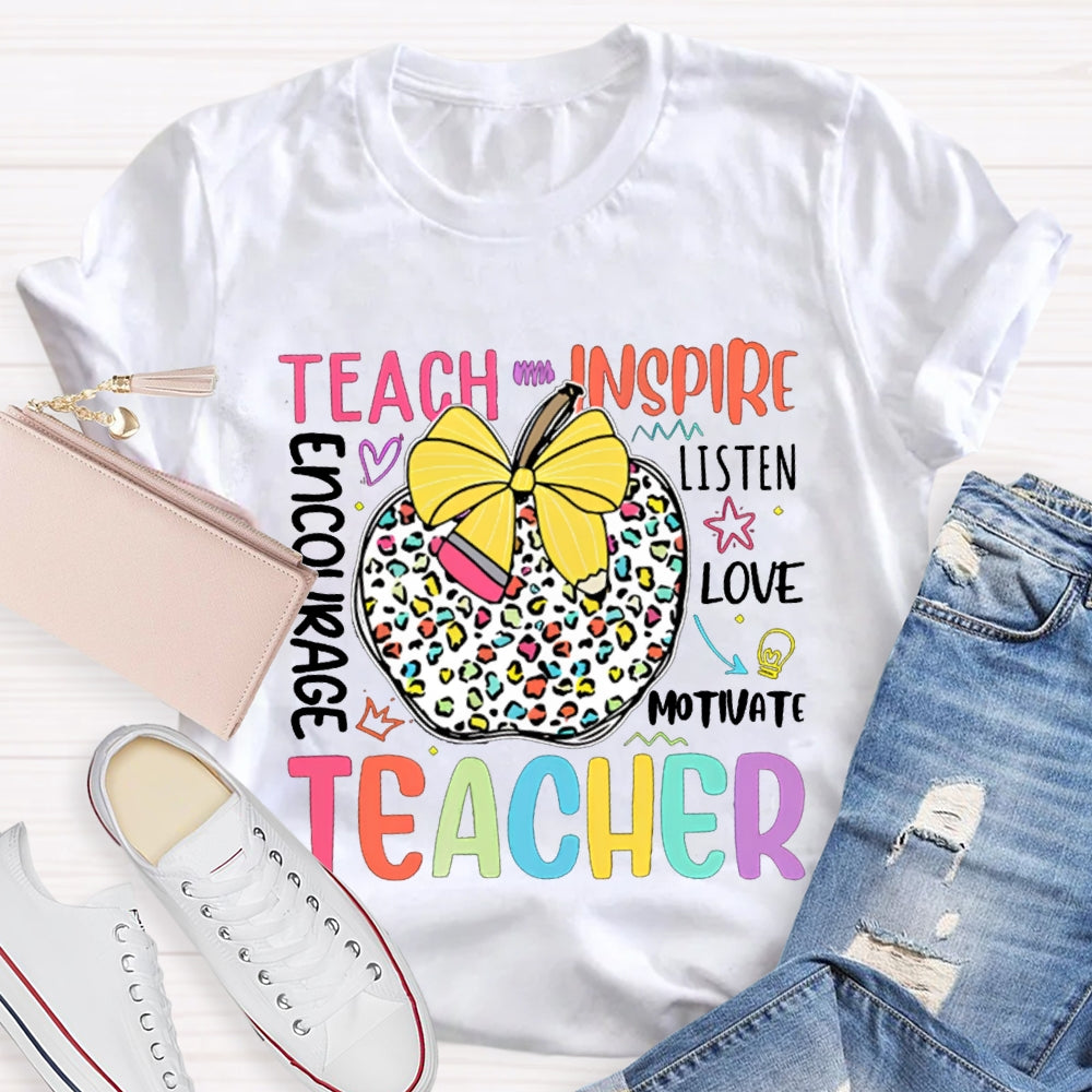 Teach Inspire Listen Live Motivate Teacher Bow And Colorful Polka Dot Apple T-shirt