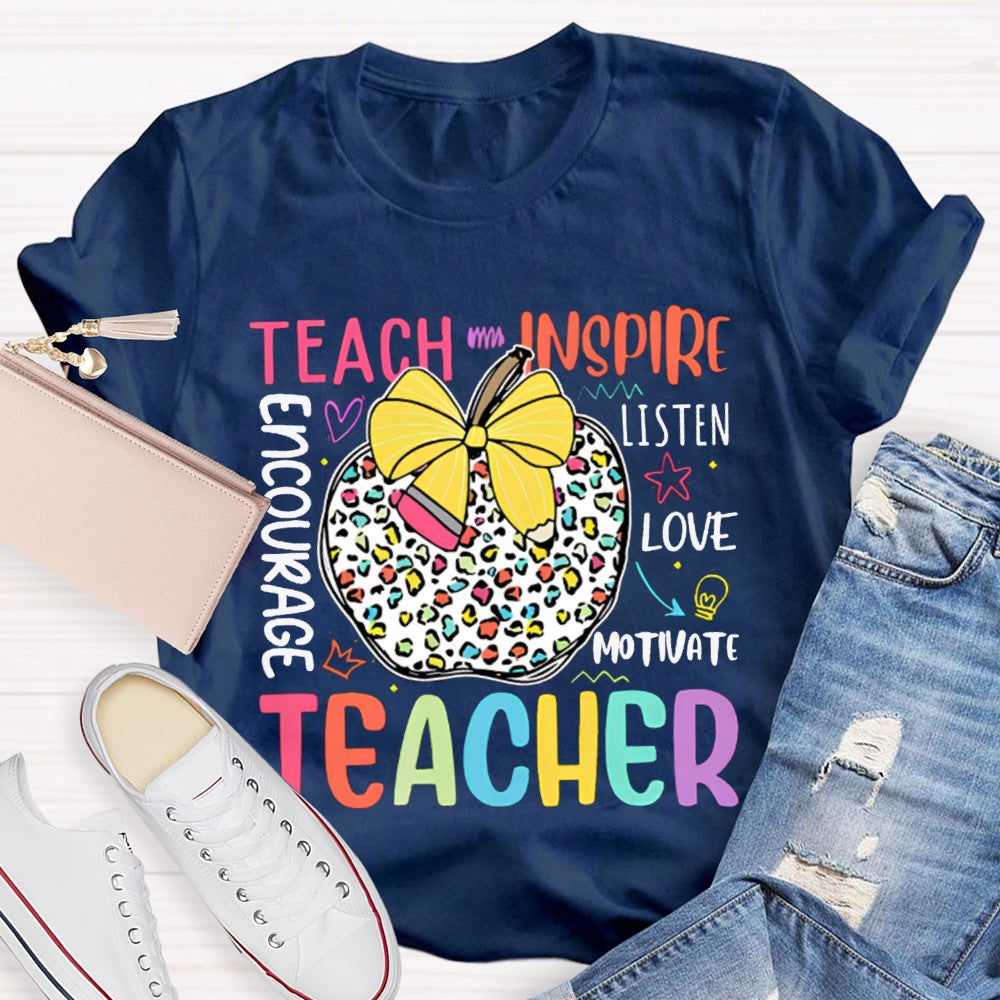 Teach Inspire Listen Live Motivate Teacher Bow And Colorful Polka Dot Apple T-shirt