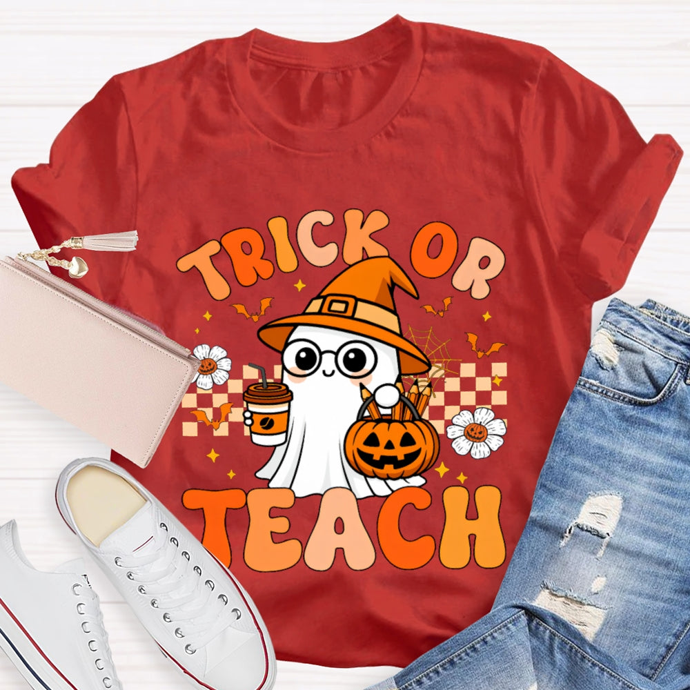 Trick Or Teach Pumpkin Flowers And A Little Ghost Holding Milk Tea T-shirt