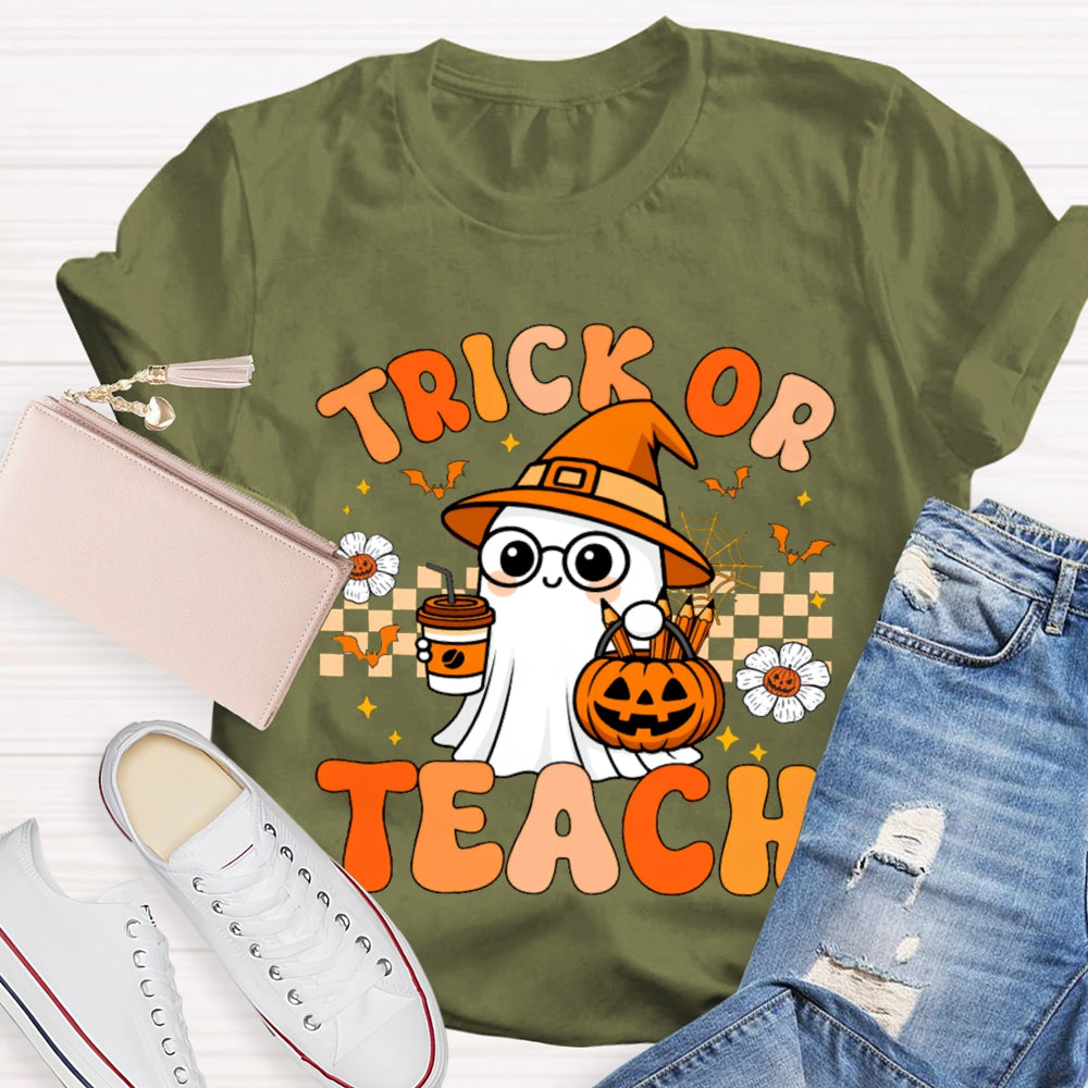 Trick Or Teach Pumpkin Flowers And A Little Ghost Holding Milk Tea T-shirt