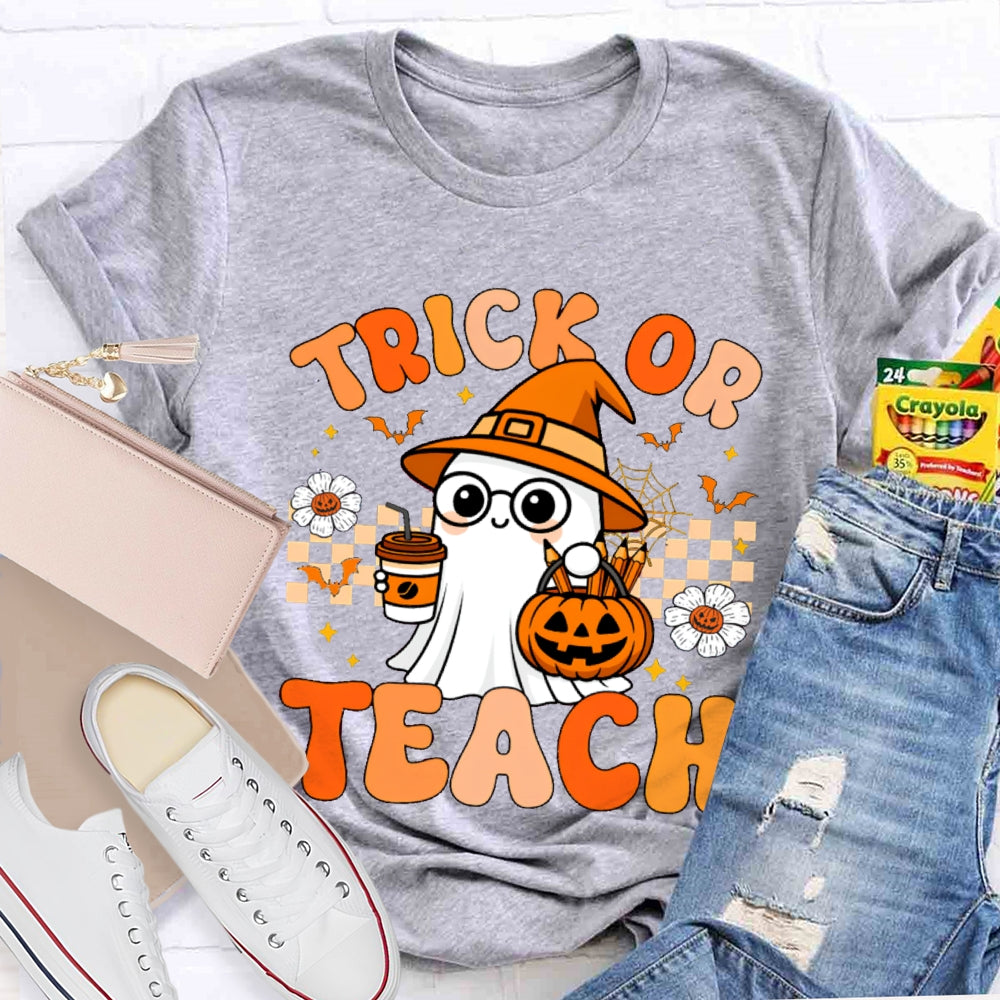Trick Or Teach Pumpkin Flowers And A Little Ghost Holding Milk Tea T-shirt