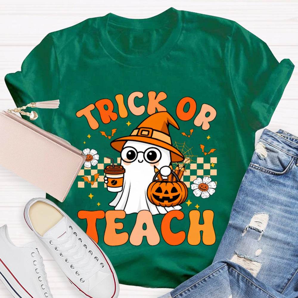 Trick Or Teach Pumpkin Flowers And A Little Ghost Holding Milk Tea T-shirt