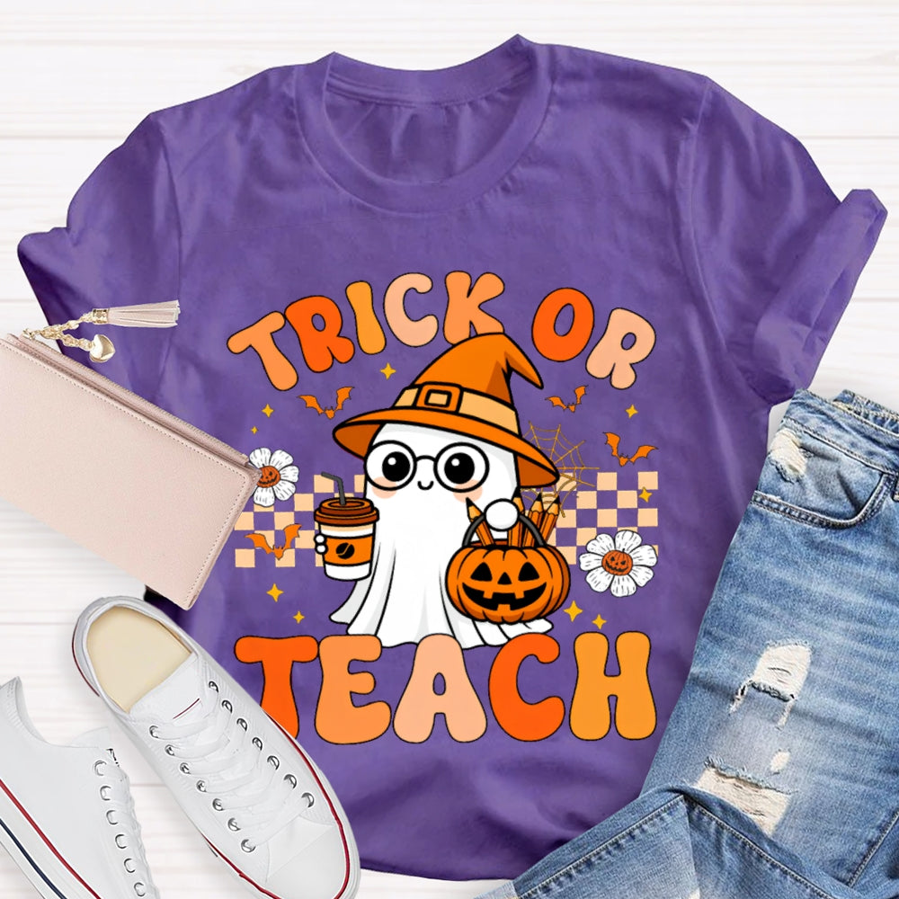 Trick Or Teach Pumpkin Flowers And A Little Ghost Holding Milk Tea T-shirt