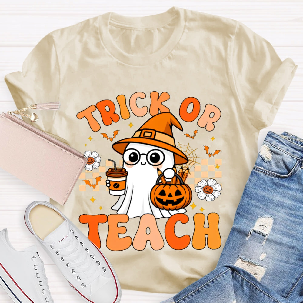 Trick Or Teach Pumpkin Flowers And A Little Ghost Holding Milk Tea T-shirt