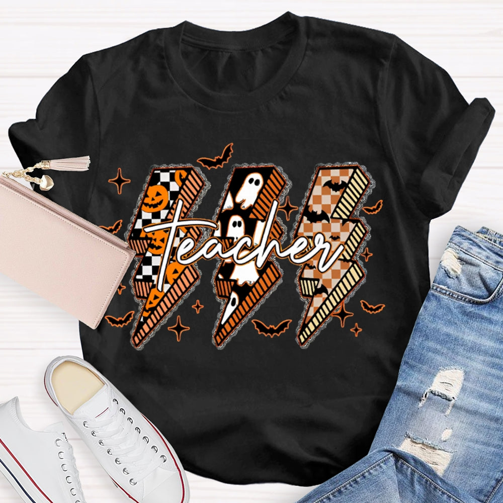Pumpkin And Ghost Lightning Print Teacher Halloween T-shirt
