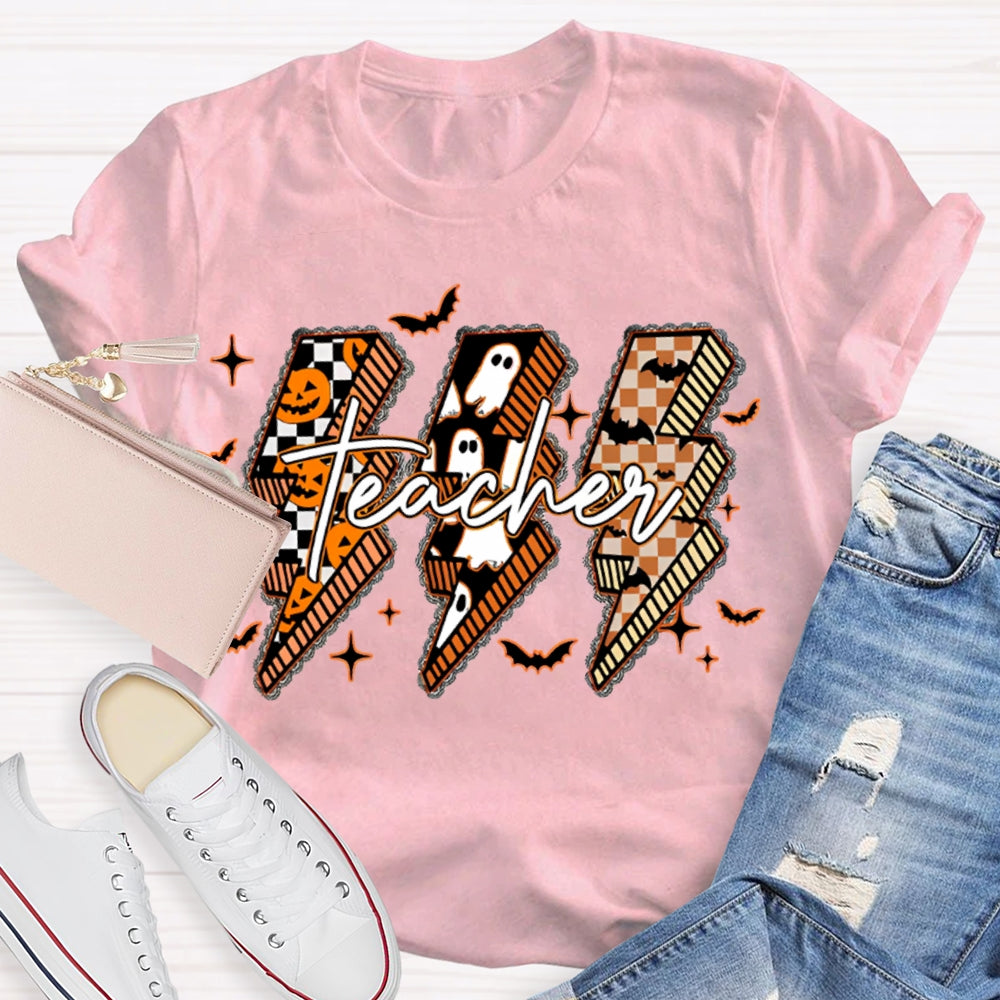 Pumpkin And Ghost Lightning Print Teacher Halloween T-shirt