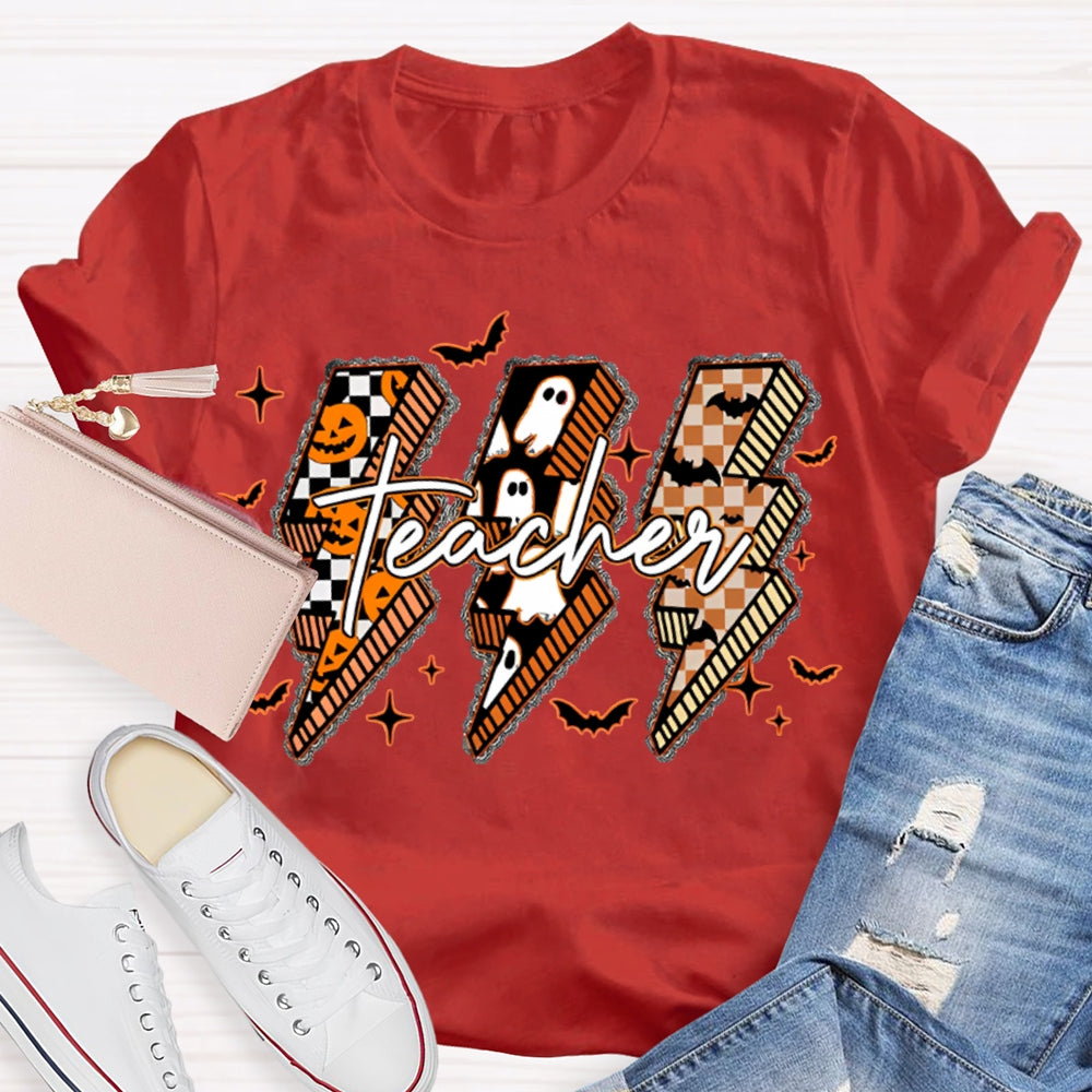 Pumpkin And Ghost Lightning Print Teacher Halloween T-shirt