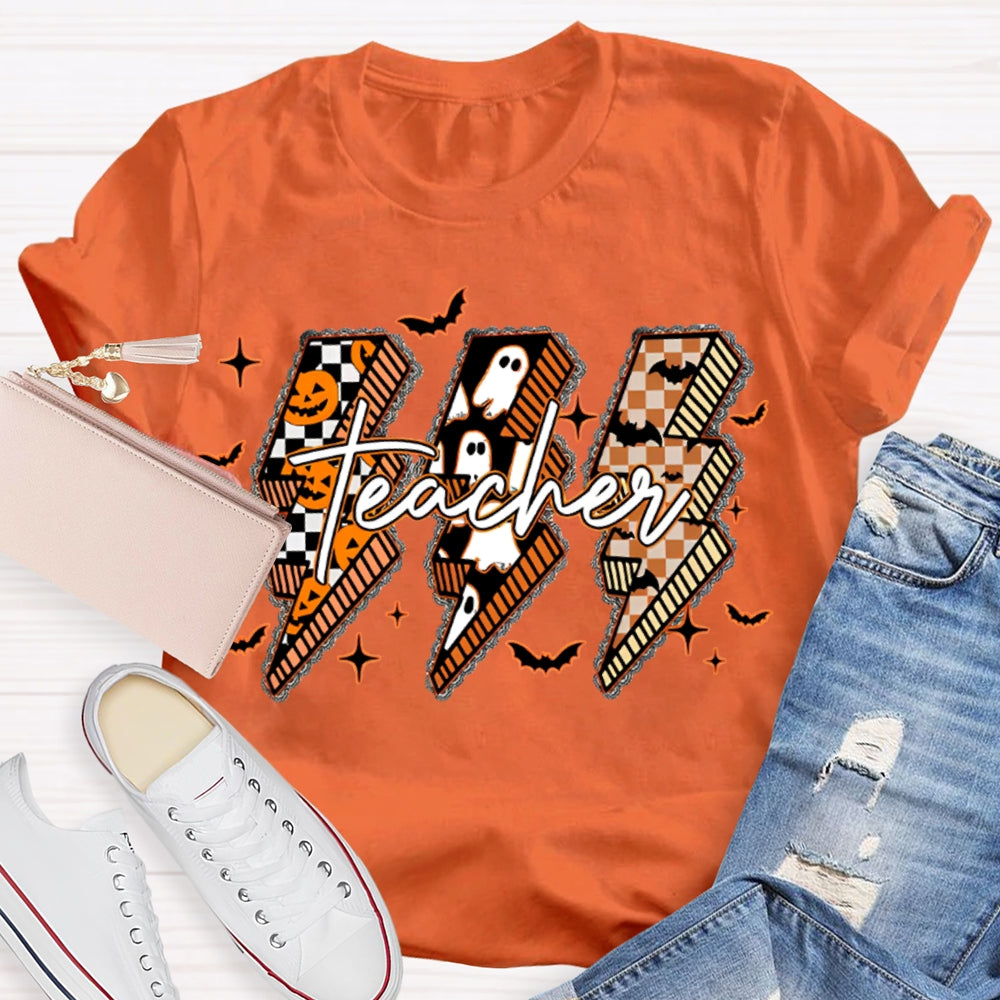 Pumpkin And Ghost Lightning Print Teacher Halloween T-shirt