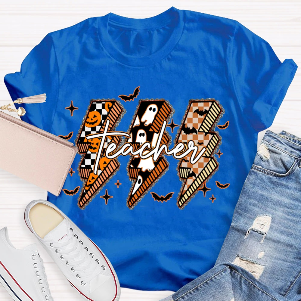 Pumpkin And Ghost Lightning Print Teacher Halloween T-shirt