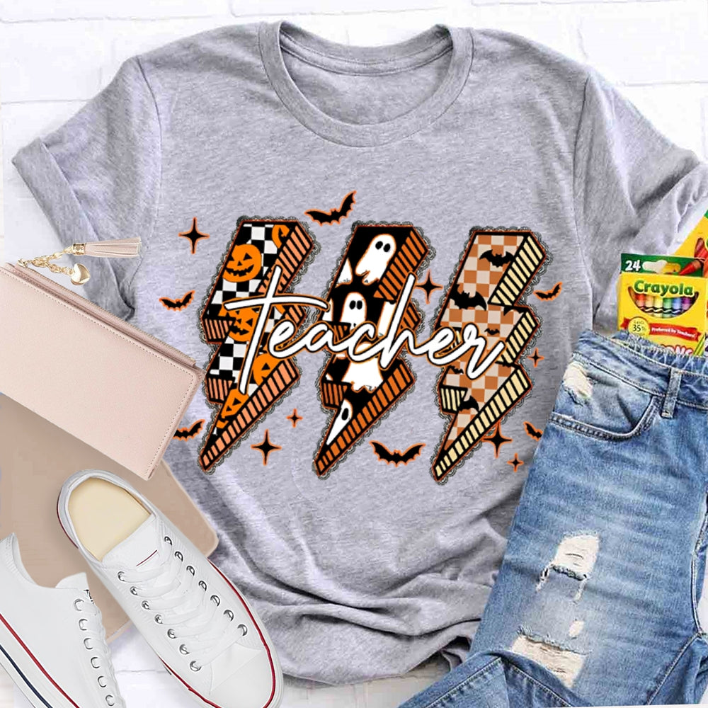 Pumpkin And Ghost Lightning Print Teacher Halloween T-shirt