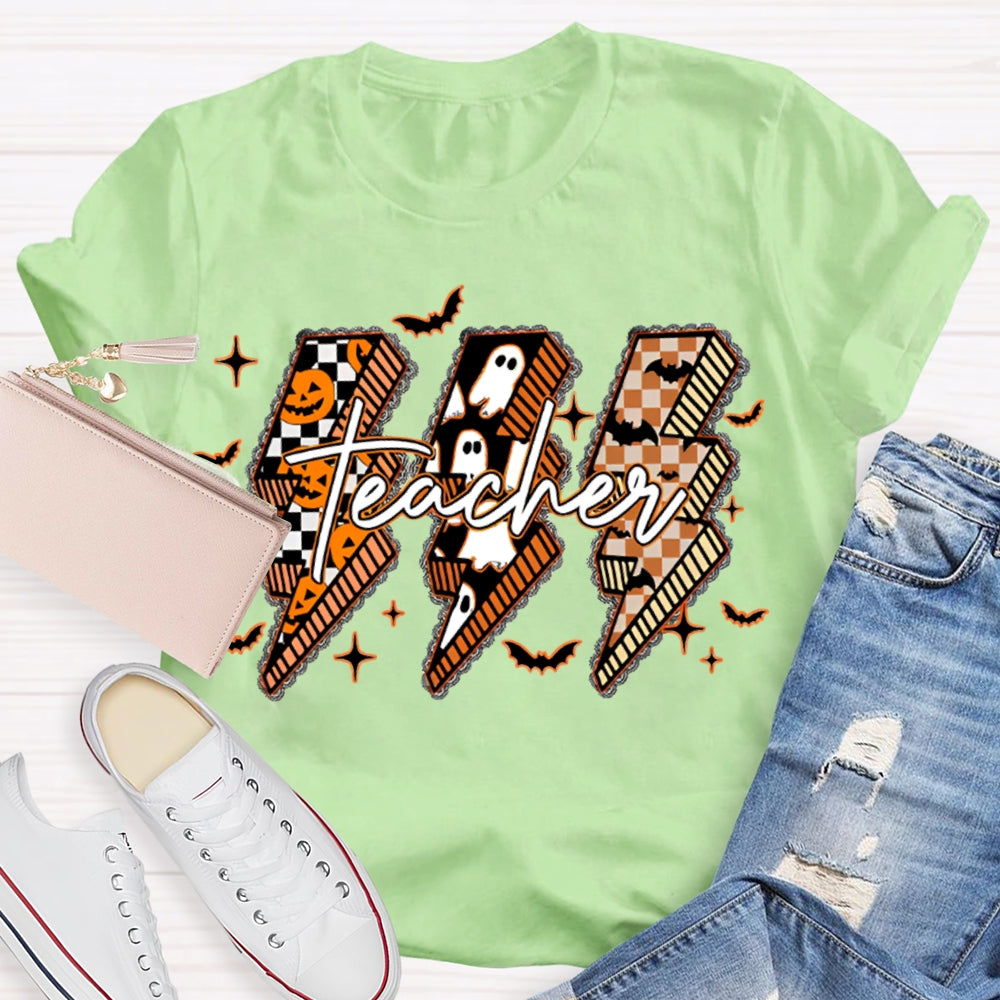 Pumpkin And Ghost Lightning Print Teacher Halloween T-shirt