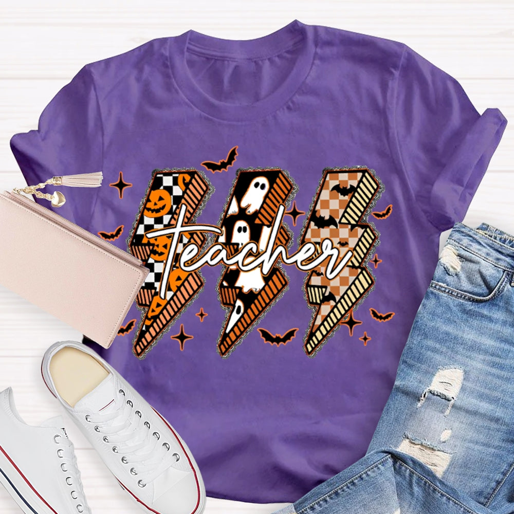 Pumpkin And Ghost Lightning Print Teacher Halloween T-shirt