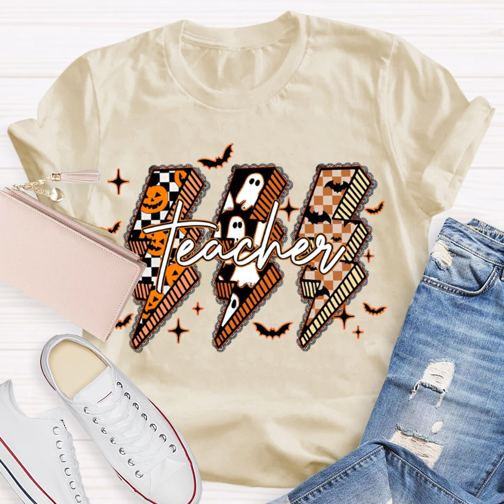Pumpkin And Ghost Lightning Print Teacher Halloween T-shirt