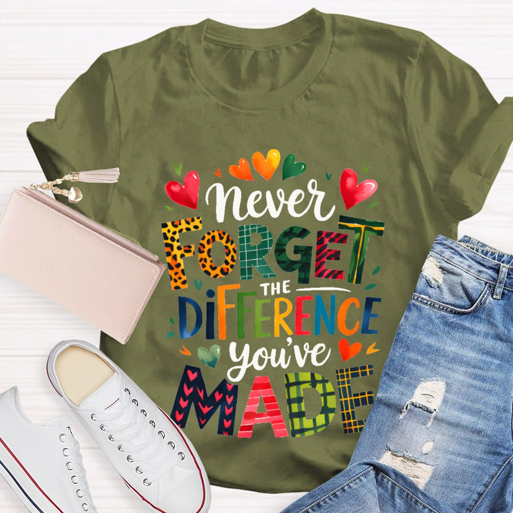 Never Forget The Difference You'Ve Made Colorful Fonts And Small Hearts T-shirt